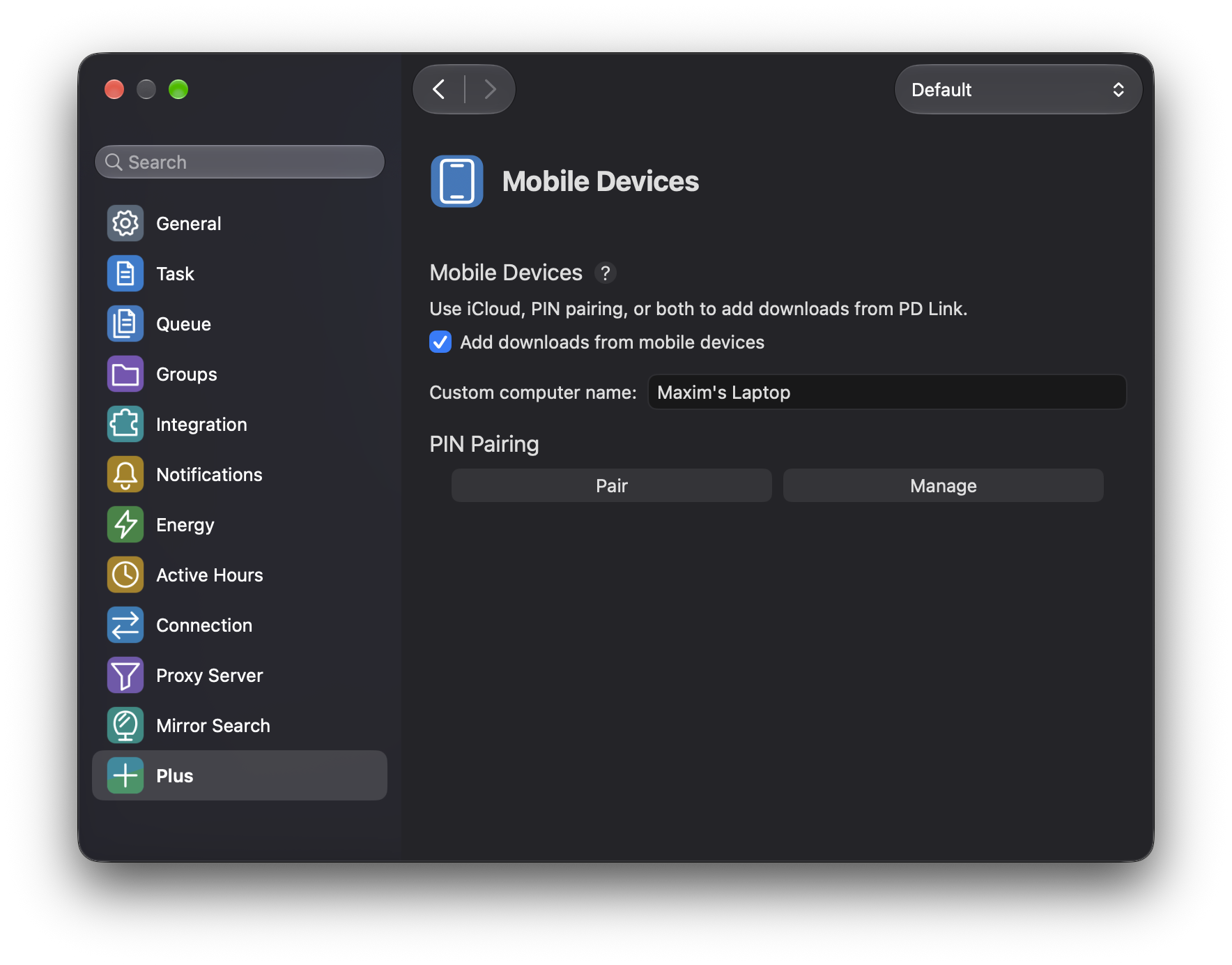 Progressive Downloader Mobile Devices preferences showing the Add downloads from mobile devices option and PIN Pairing buttons